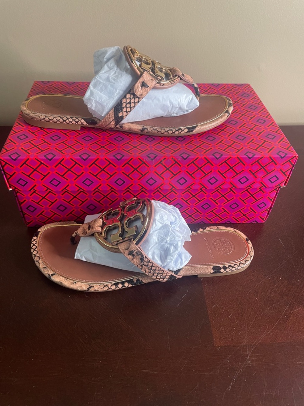 Tory Burch Tan Snake-Print Blush Roccia/Gold Miller Logo Slide Sandals